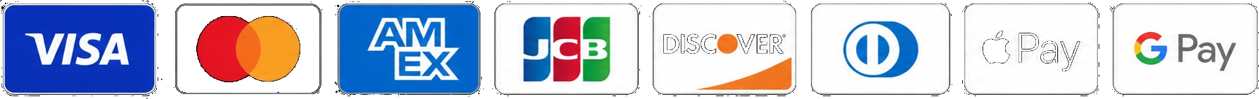Accepted payment methods: Visa, Mastercard, American Express, JCB, Discover, Diners Club, Apple Pay, Google Pay