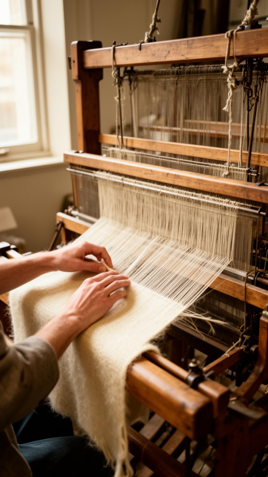 Hand-weaving cashmere on a wooden loom